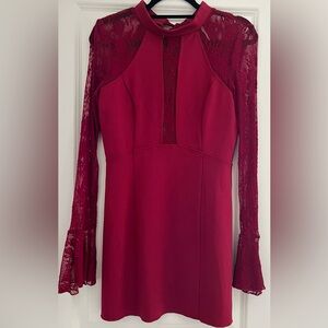 Free People Berry Red It’s Now or Never Ponte Lace Mini Ruffled Dress Size M